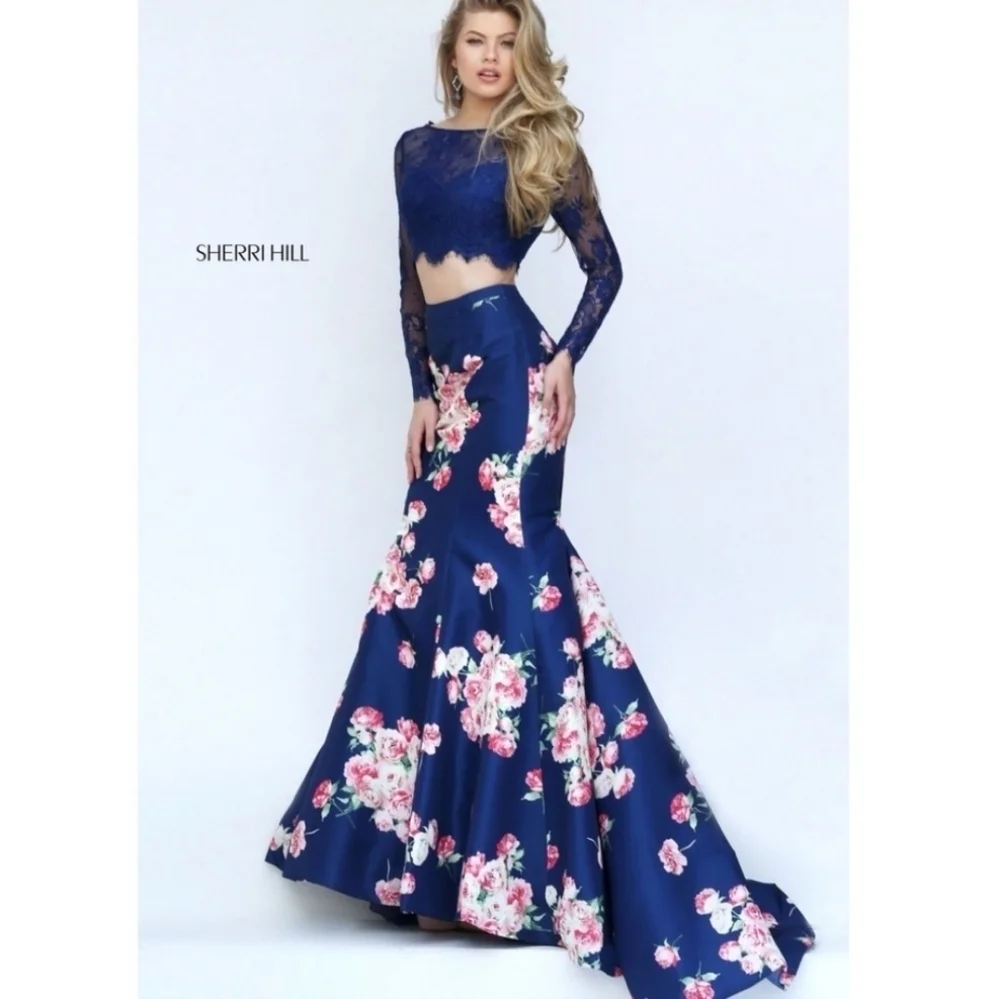 Sherri Hill Navy Floral Lace Evening Gown 2-piece Set 4 Prom Formal Homecoming - Picture 1 of 10